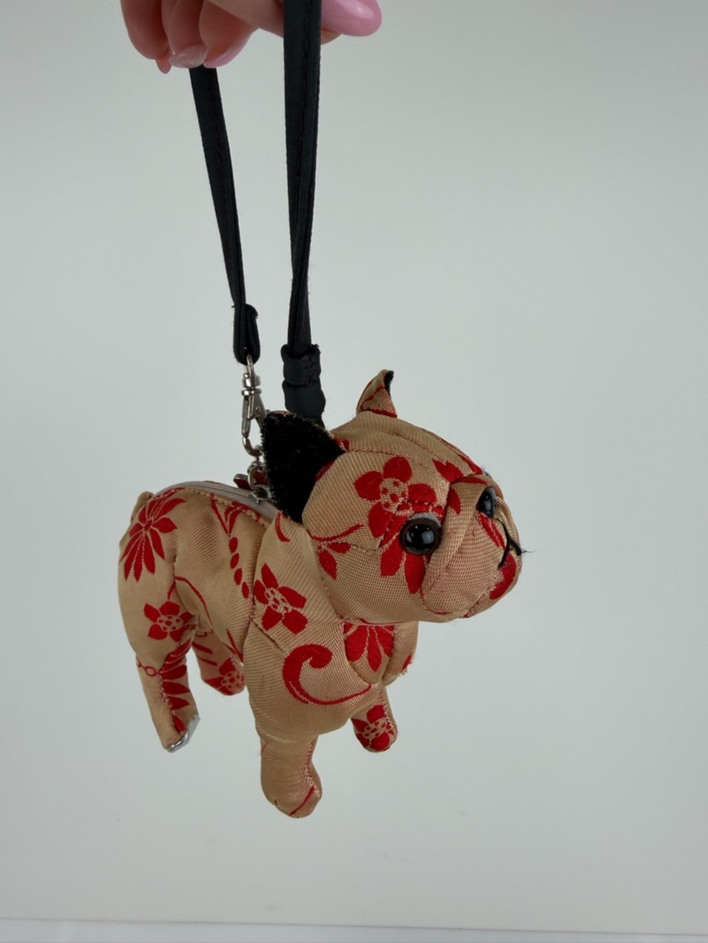 Fuzzy Nation Pug Dog Coin Purse Keychain Charm Floral Plush Vintage Y2K